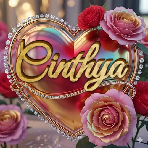 Un marco dorado con forma de corazón tachonado de diamantes, rodeado de rosas naturales en colores que van del rosa al rojo, dando un diseño lujoso y brillante. El nombre Cinthya está escrito en el diseño. Un marco dorado con forma de corazón tachonado de diamantes, rodeado de rosas naturales en colores que van del rosa al rojo, dando un diseño lujoso y brillante. El nombre Cinthya está escrito en el diseño.