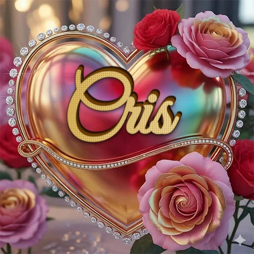 Un marco dorado con forma de corazón tachonado de diamantes, rodeado de rosas naturales en colores que van del rosa al rojo, dando un diseño lujoso y brillante. El nombre Cris está escrito en el diseño.