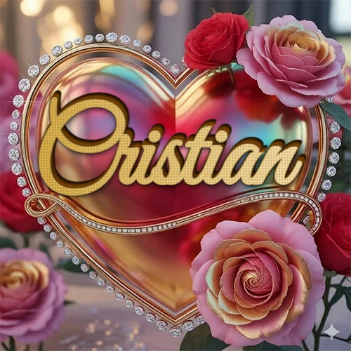 Un marco dorado con forma de corazón tachonado de diamantes, rodeado de rosas naturales en colores que van del rosa al rojo, dando un diseño lujoso y brillante. El nombre Cristian está escrito en el diseño. Un marco dorado con forma de corazón tachonado de diamantes, rodeado de rosas naturales en colores que van del rosa al rojo, dando un diseño lujoso y brillante. El nombre Cristian está escrito en el diseño.