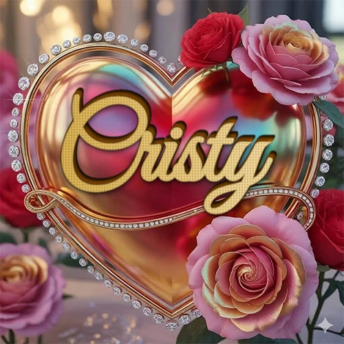 Un marco dorado con forma de corazón tachonado de diamantes, rodeado de rosas naturales en colores que van del rosa al rojo, dando un diseño lujoso y brillante. El nombre Cristy está escrito en el diseño. Un marco dorado con forma de corazón tachonado de diamantes, rodeado de rosas naturales en colores que van del rosa al rojo, dando un diseño lujoso y brillante. El nombre Cristy está escrito en el diseño.