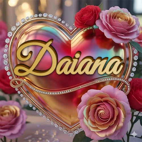 Un marco dorado con forma de corazón tachonado de diamantes, rodeado de rosas naturales en colores que van del rosa al rojo, dando un diseño lujoso y brillante. El nombre Daiana está escrito en el diseño. Un marco dorado con forma de corazón tachonado de diamantes, rodeado de rosas naturales en colores que van del rosa al rojo, dando un diseño lujoso y brillante. El nombre Daiana está escrito en el diseño.