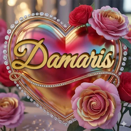 Un marco dorado con forma de corazón tachonado de diamantes, rodeado de rosas naturales en colores que van del rosa al rojo, dando un diseño lujoso y brillante. El nombre Damaris está escrito en el diseño. Un marco dorado con forma de corazón tachonado de diamantes, rodeado de rosas naturales en colores que van del rosa al rojo, dando un diseño lujoso y brillante. El nombre Damaris está escrito en el diseño.