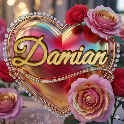 Un marco dorado con forma de corazón tachonado de diamantes, rodeado de rosas naturales en colores que van del rosa al rojo, dando un diseño lujoso y brillante. El nombre Damian está escrito en el diseño. Un marco dorado con forma de corazón tachonado de diamantes, rodeado de rosas naturales en colores que van del rosa al rojo, dando un diseño lujoso y brillante. El nombre Damian está escrito en el diseño.