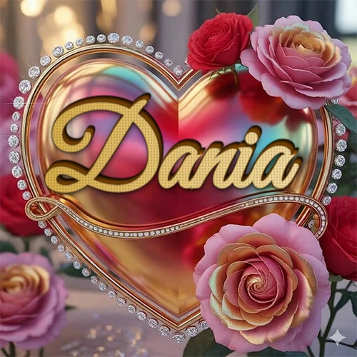 Un marco dorado con forma de corazón tachonado de diamantes, rodeado de rosas naturales en colores que van del rosa al rojo, dando un diseño lujoso y brillante. El nombre Dania está escrito en el diseño. Un marco dorado con forma de corazón tachonado de diamantes, rodeado de rosas naturales en colores que van del rosa al rojo, dando un diseño lujoso y brillante. El nombre Dania está escrito en el diseño.