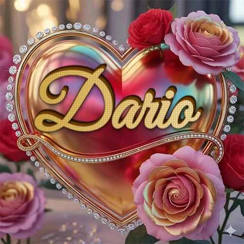 Un marco dorado con forma de corazón tachonado de diamantes, rodeado de rosas naturales en colores que van del rosa al rojo, dando un diseño lujoso y brillante. El nombre Dario está escrito en el diseño. Un marco dorado con forma de corazón tachonado de diamantes, rodeado de rosas naturales en colores que van del rosa al rojo, dando un diseño lujoso y brillante. El nombre Dario está escrito en el diseño.
