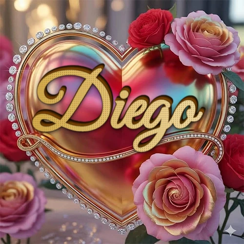 Un marco dorado con forma de corazón tachonado de diamantes, rodeado de rosas naturales en colores que van del rosa al rojo, dando un diseño lujoso y brillante. El nombre Diego está escrito en el diseño. Un marco dorado con forma de corazón tachonado de diamantes, rodeado de rosas naturales en colores que van del rosa al rojo, dando un diseño lujoso y brillante. El nombre Diego está escrito en el diseño.
