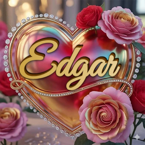 Un marco dorado con forma de corazón tachonado de diamantes, rodeado de rosas naturales en colores que van del rosa al rojo, dando un diseño lujoso y brillante. El nombre Edgar está escrito en el diseño.