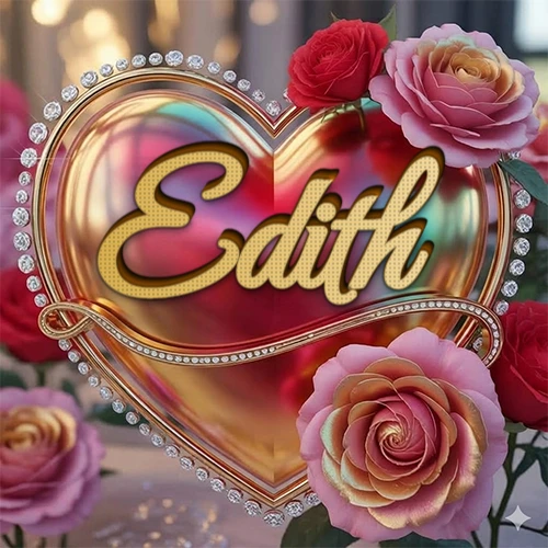 Un marco dorado con forma de corazón tachonado de diamantes, rodeado de rosas naturales en colores que van del rosa al rojo, dando un diseño lujoso y brillante. El nombre Edith está escrito en el diseño.