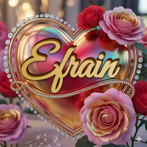 Un marco dorado con forma de corazón tachonado de diamantes, rodeado de rosas naturales en colores que van del rosa al rojo, dando un diseño lujoso y brillante. El nombre Efrain está escrito en el diseño.