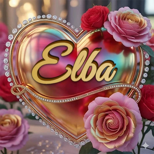 Un marco dorado con forma de corazón tachonado de diamantes, rodeado de rosas naturales en colores que van del rosa al rojo, dando un diseño lujoso y brillante. El nombre Elba está escrito en el diseño.