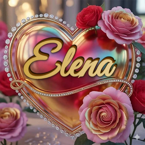 Un marco dorado con forma de corazón tachonado de diamantes, rodeado de rosas naturales en colores que van del rosa al rojo, dando un diseño lujoso y brillante. El nombre Elena está escrito en el diseño. Un marco dorado con forma de corazón tachonado de diamantes, rodeado de rosas naturales en colores que van del rosa al rojo, dando un diseño lujoso y brillante. El nombre Elena está escrito en el diseño.