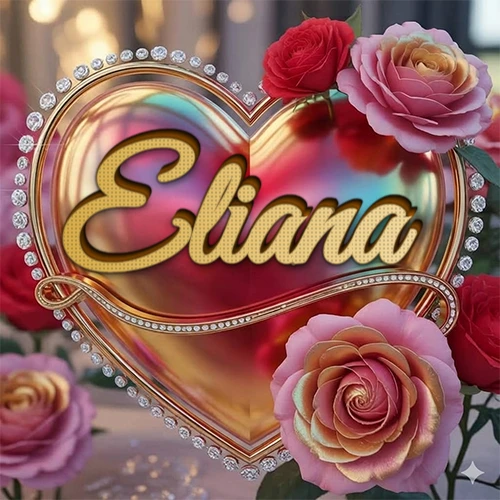 Un marco dorado con forma de corazón tachonado de diamantes, rodeado de rosas naturales en colores que van del rosa al rojo, dando un diseño lujoso y brillante. El nombre Eliana está escrito en el diseño.