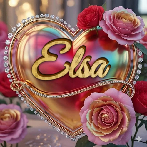 Un marco dorado con forma de corazón tachonado de diamantes, rodeado de rosas naturales en colores que van del rosa al rojo, dando un diseño lujoso y brillante. El nombre Elsa está escrito en el diseño. Un marco dorado con forma de corazón tachonado de diamantes, rodeado de rosas naturales en colores que van del rosa al rojo, dando un diseño lujoso y brillante. El nombre Elsa está escrito en el diseño.