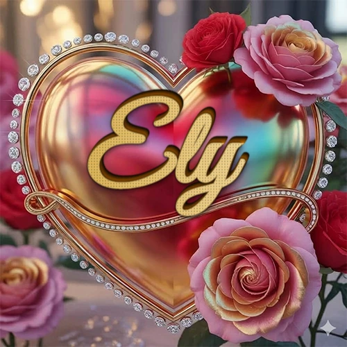 Un marco dorado con forma de corazón tachonado de diamantes, rodeado de rosas naturales en colores que van del rosa al rojo, dando un diseño lujoso y brillante. El nombre Ely está escrito en el diseño.