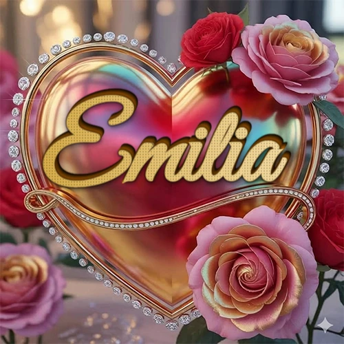 Un marco dorado con forma de corazón tachonado de diamantes, rodeado de rosas naturales en colores que van del rosa al rojo, dando un diseño lujoso y brillante. El nombre Emilia está escrito en el diseño.