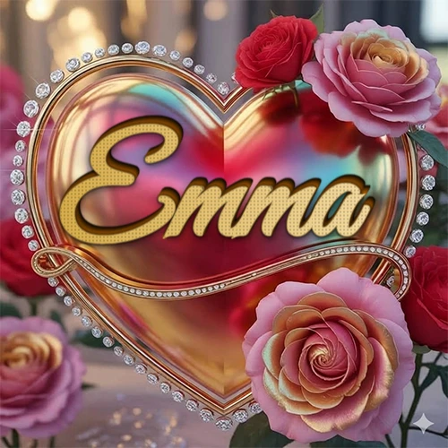 Un marco dorado con forma de corazón tachonado de diamantes, rodeado de rosas naturales en colores que van del rosa al rojo, dando un diseño lujoso y brillante. El nombre Emma está escrito en el diseño.