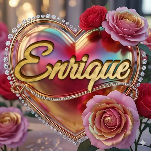 Un marco dorado con forma de corazón tachonado de diamantes, rodeado de rosas naturales en colores que van del rosa al rojo, dando un diseño lujoso y brillante. El nombre Enrique está escrito en el diseño. Un marco dorado con forma de corazón tachonado de diamantes, rodeado de rosas naturales en colores que van del rosa al rojo, dando un diseño lujoso y brillante. El nombre Enrique está escrito en el diseño.