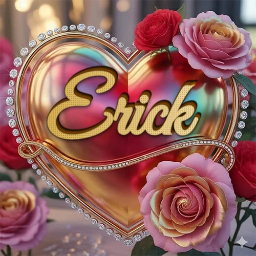 Un marco dorado con forma de corazón tachonado de diamantes, rodeado de rosas naturales en colores que van del rosa al rojo, dando un diseño lujoso y brillante. El nombre Erick está escrito en el diseño.