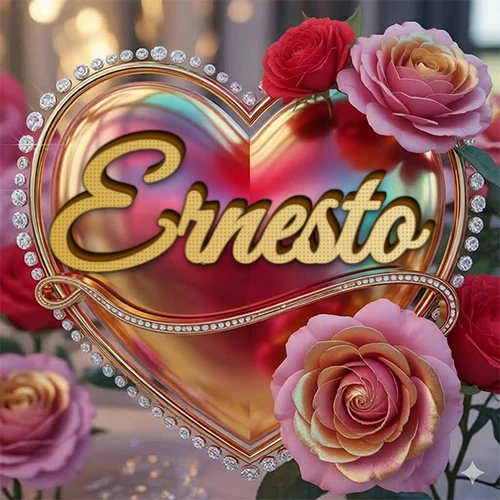 Un marco dorado con forma de corazón tachonado de diamantes, rodeado de rosas naturales en colores que van del rosa al rojo, dando un diseño lujoso y brillante. El nombre Ernesto está escrito en el diseño. Un marco dorado con forma de corazón tachonado de diamantes, rodeado de rosas naturales en colores que van del rosa al rojo, dando un diseño lujoso y brillante. El nombre Ernesto está escrito en el diseño.
