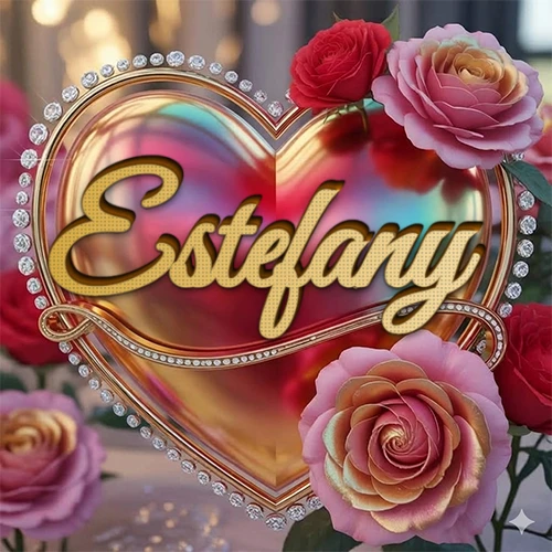 Un marco dorado con forma de corazón tachonado de diamantes, rodeado de rosas naturales en colores que van del rosa al rojo, dando un diseño lujoso y brillante. El nombre Estefany está escrito en el diseño.