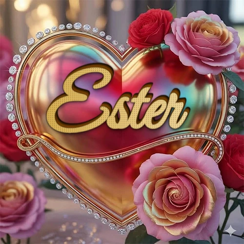 Un marco dorado con forma de corazón tachonado de diamantes, rodeado de rosas naturales en colores que van del rosa al rojo, dando un diseño lujoso y brillante. El nombre Ester está escrito en el diseño.