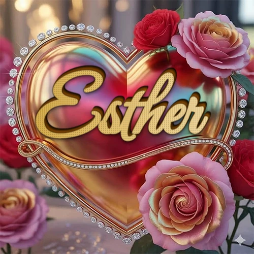 Un marco dorado con forma de corazón tachonado de diamantes, rodeado de rosas naturales en colores que van del rosa al rojo, dando un diseño lujoso y brillante. El nombre Esther está escrito en el diseño.