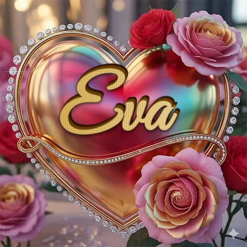 Un marco dorado con forma de corazón tachonado de diamantes, rodeado de rosas naturales en colores que van del rosa al rojo, dando un diseño lujoso y brillante. El nombre Eva está escrito en el diseño.