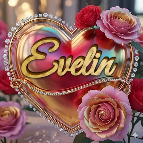 Un marco dorado con forma de corazón tachonado de diamantes, rodeado de rosas naturales en colores que van del rosa al rojo, dando un diseño lujoso y brillante. El nombre Evelin está escrito en el diseño.