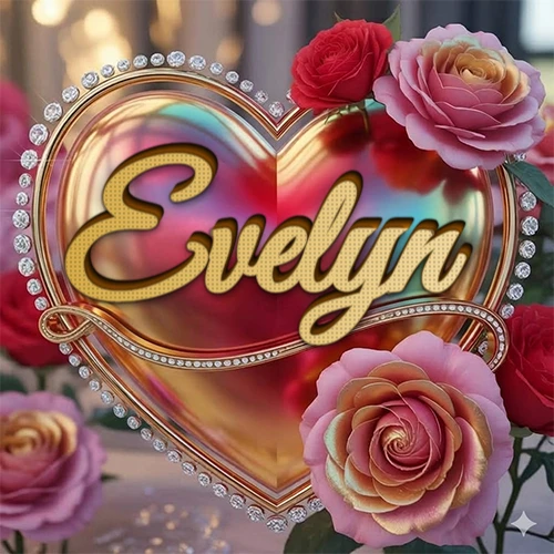Un marco dorado con forma de corazón tachonado de diamantes, rodeado de rosas naturales en colores que van del rosa al rojo, dando un diseño lujoso y brillante. El nombre Evelyn está escrito en el diseño. Un marco dorado con forma de corazón tachonado de diamantes, rodeado de rosas naturales en colores que van del rosa al rojo, dando un diseño lujoso y brillante. El nombre Evelyn está escrito en el diseño.