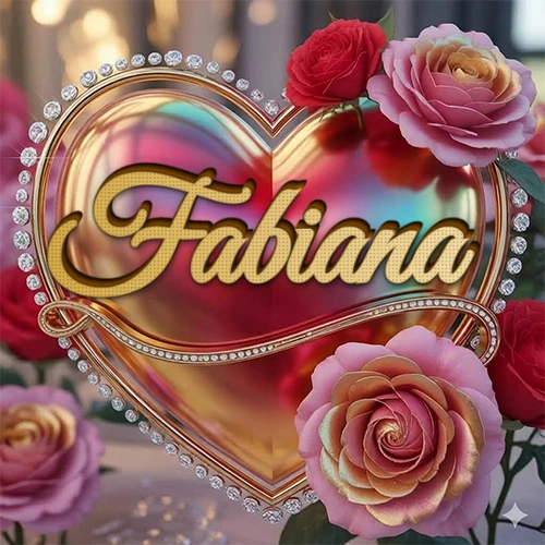 Un marco dorado con forma de corazón tachonado de diamantes, rodeado de rosas naturales en colores que van del rosa al rojo, dando un diseño lujoso y brillante. El nombre Fabiana está escrito en el diseño.