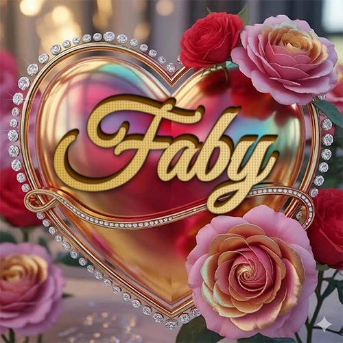 Un marco dorado con forma de corazón tachonado de diamantes, rodeado de rosas naturales en colores que van del rosa al rojo, dando un diseño lujoso y brillante. El nombre Faby está escrito en el diseño.