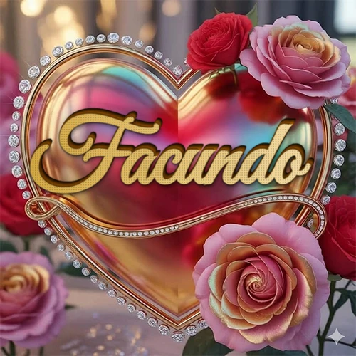 Un marco dorado con forma de corazón tachonado de diamantes, rodeado de rosas naturales en colores que van del rosa al rojo, dando un diseño lujoso y brillante. El nombre Facundo está escrito en el diseño.