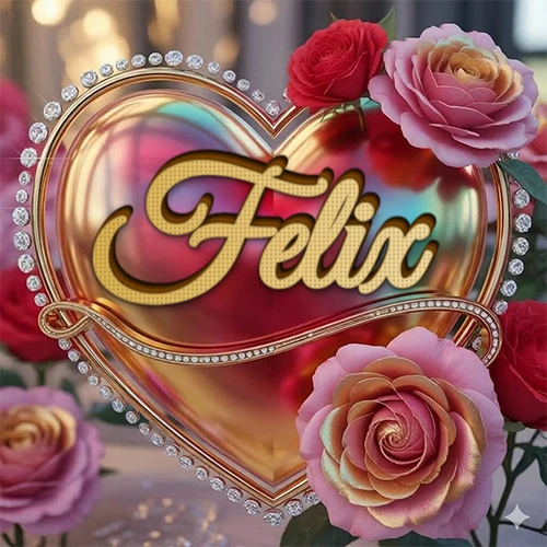 Un marco dorado con forma de corazón tachonado de diamantes, rodeado de rosas naturales en colores que van del rosa al rojo, dando un diseño lujoso y brillante. El nombre Felix está escrito en el diseño.