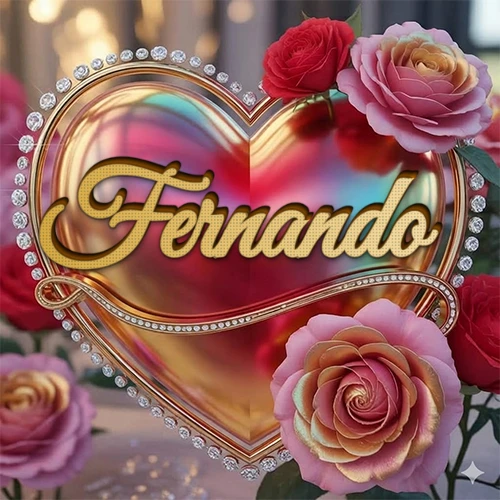 Un marco dorado con forma de corazón tachonado de diamantes, rodeado de rosas naturales en colores que van del rosa al rojo, dando un diseño lujoso y brillante. El nombre Fernando está escrito en el diseño.