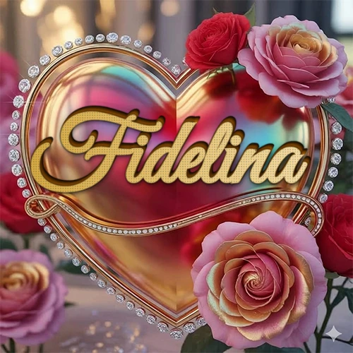 Un marco dorado con forma de corazón tachonado de diamantes, rodeado de rosas naturales en colores que van del rosa al rojo, dando un diseño lujoso y brillante. El nombre Fidelina está escrito en el diseño.