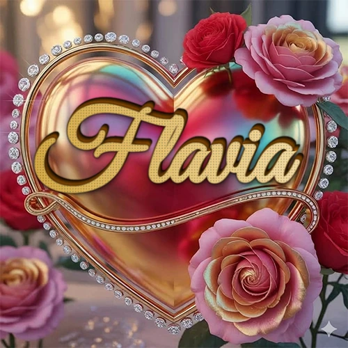 Un marco dorado con forma de corazón tachonado de diamantes, rodeado de rosas naturales en colores que van del rosa al rojo, dando un diseño lujoso y brillante. El nombre Flavia está escrito en el diseño.