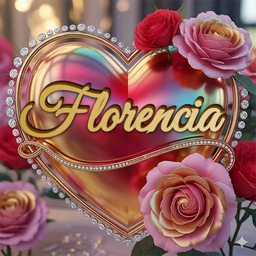 Un marco dorado con forma de corazón tachonado de diamantes, rodeado de rosas naturales en colores que van del rosa al rojo, dando un diseño lujoso y brillante. El nombre Florencia está escrito en el diseño. Un marco dorado con forma de corazón tachonado de diamantes, rodeado de rosas naturales en colores que van del rosa al rojo, dando un diseño lujoso y brillante. El nombre Florencia está escrito en el diseño.