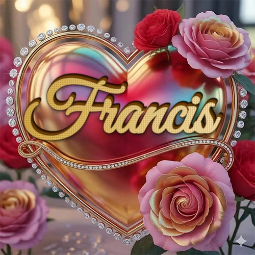 Un marco dorado con forma de corazón tachonado de diamantes, rodeado de rosas naturales en colores que van del rosa al rojo, dando un diseño lujoso y brillante. El nombre Francis está escrito en el diseño.