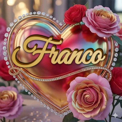 Un marco dorado con forma de corazón tachonado de diamantes, rodeado de rosas naturales en colores que van del rosa al rojo, dando un diseño lujoso y brillante. El nombre Franco está escrito en el diseño.