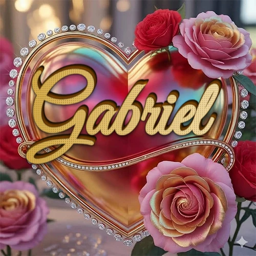 Un marco dorado con forma de corazón tachonado de diamantes, rodeado de rosas naturales en colores que van del rosa al rojo, dando un diseño lujoso y brillante. El nombre Gabriel está escrito en el diseño. Un marco dorado con forma de corazón tachonado de diamantes, rodeado de rosas naturales en colores que van del rosa al rojo, dando un diseño lujoso y brillante. El nombre Gabriel está escrito en el diseño.