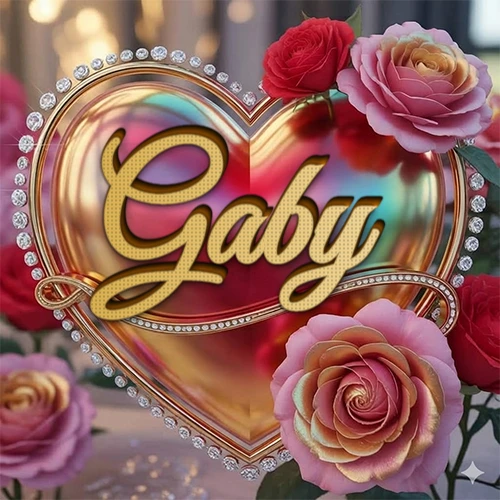 Un marco dorado con forma de corazón tachonado de diamantes, rodeado de rosas naturales en colores que van del rosa al rojo, dando un diseño lujoso y brillante. El nombre Gaby está escrito en el diseño.