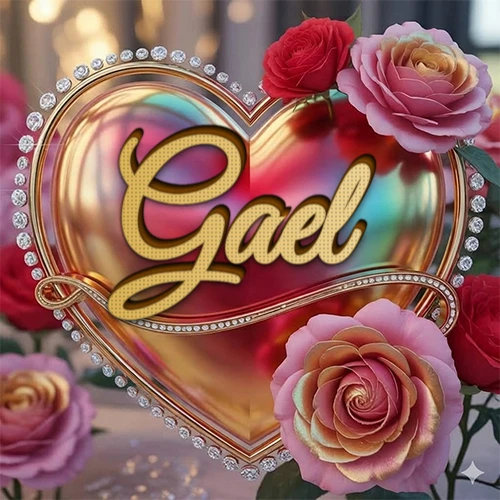 Un marco dorado con forma de corazón tachonado de diamantes, rodeado de rosas naturales en colores que van del rosa al rojo, dando un diseño lujoso y brillante. El nombre Gael está escrito en el diseño.