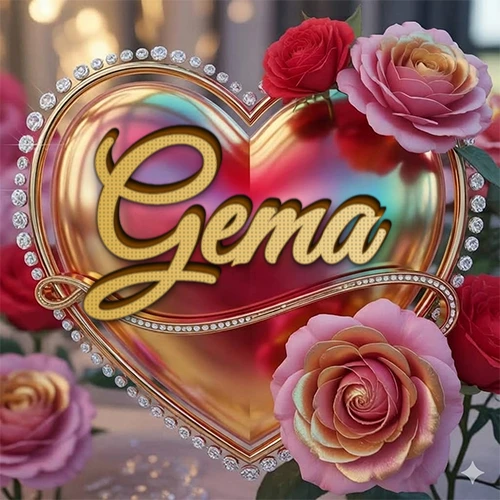 Un marco dorado con forma de corazón tachonado de diamantes, rodeado de rosas naturales en colores que van del rosa al rojo, dando un diseño lujoso y brillante. El nombre Gema está escrito en el diseño.