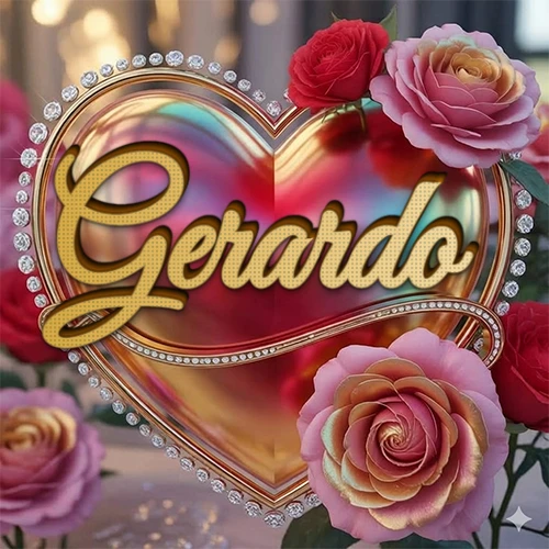 Un marco dorado con forma de corazón tachonado de diamantes, rodeado de rosas naturales en colores que van del rosa al rojo, dando un diseño lujoso y brillante. El nombre Gerardo está escrito en el diseño.