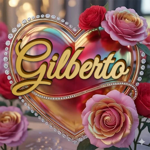 Un marco dorado con forma de corazón tachonado de diamantes, rodeado de rosas naturales en colores que van del rosa al rojo, dando un diseño lujoso y brillante. El nombre Gilberto está escrito en el diseño.