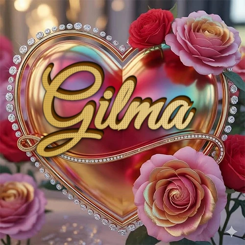 Un marco dorado con forma de corazón tachonado de diamantes, rodeado de rosas naturales en colores que van del rosa al rojo, dando un diseño lujoso y brillante. El nombre Gilma está escrito en el diseño.