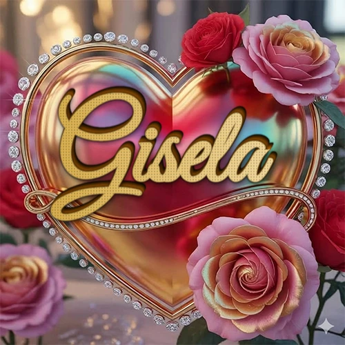 Un marco dorado con forma de corazón tachonado de diamantes, rodeado de rosas naturales en colores que van del rosa al rojo, dando un diseño lujoso y brillante. El nombre Gisela está escrito en el diseño.
