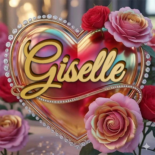 Un marco dorado con forma de corazón tachonado de diamantes, rodeado de rosas naturales en colores que van del rosa al rojo, dando un diseño lujoso y brillante. El nombre Giselle está escrito en el diseño.
