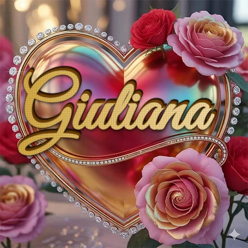 Un marco dorado con forma de corazón tachonado de diamantes, rodeado de rosas naturales en colores que van del rosa al rojo, dando un diseño lujoso y brillante. El nombre Giuliana está escrito en el diseño.