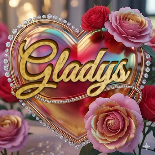 Un marco dorado con forma de corazón tachonado de diamantes, rodeado de rosas naturales en colores que van del rosa al rojo, dando un diseño lujoso y brillante. El nombre Gladys está escrito en el diseño.